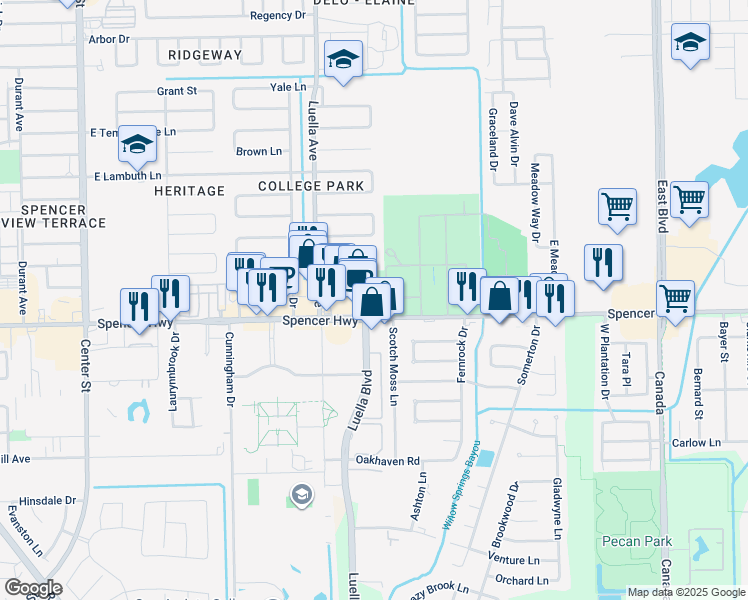 map of restaurants, bars, coffee shops, grocery stores, and more near 8501 Spencer Highway in Pasadena