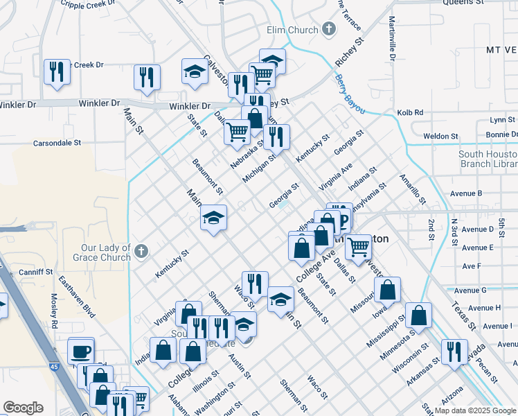 map of restaurants, bars, coffee shops, grocery stores, and more near 719 Virginia Street in South Houston