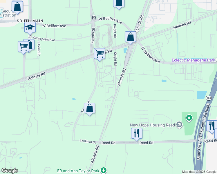 map of restaurants, bars, coffee shops, grocery stores, and more near 10802 Almeda Park Drive in Houston