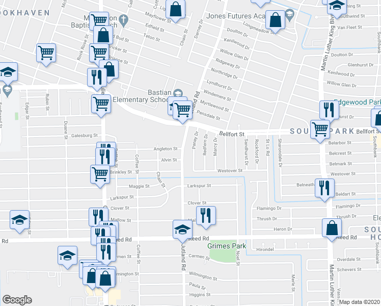 map of restaurants, bars, coffee shops, grocery stores, and more near 4942 Alvin Street in Houston