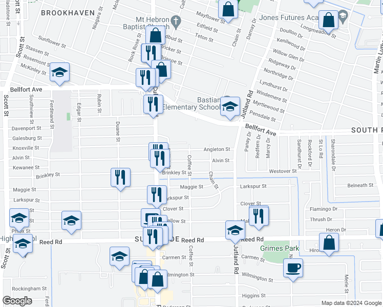 map of restaurants, bars, coffee shops, grocery stores, and more near 4818 Alvin Street in Houston