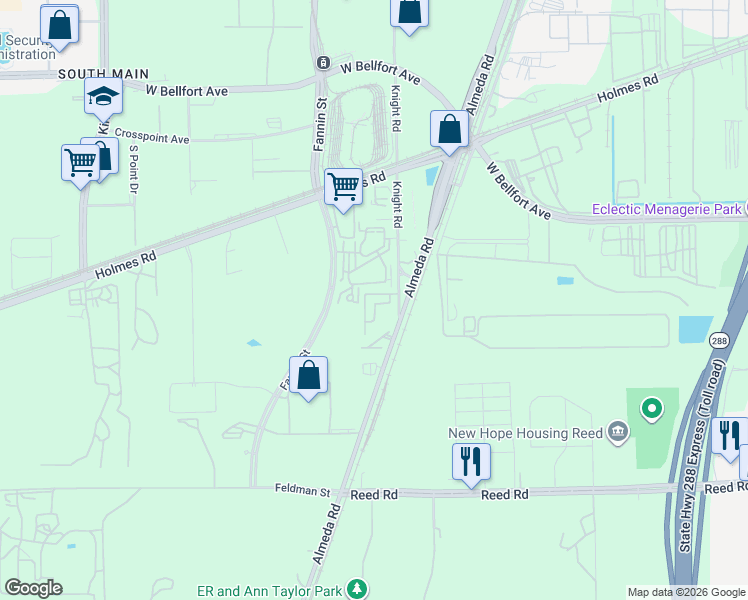 map of restaurants, bars, coffee shops, grocery stores, and more near 10802 Almeda Park Drive in Houston