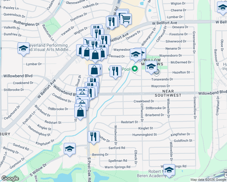 map of restaurants, bars, coffee shops, grocery stores, and more near 4813 Willowbend Boulevard in Houston
