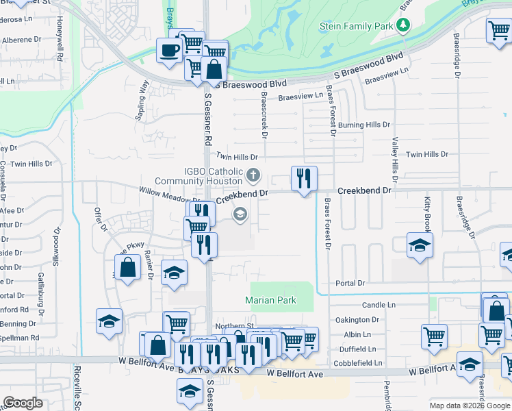 map of restaurants, bars, coffee shops, grocery stores, and more near 10739 Braes Bend Drive in Houston