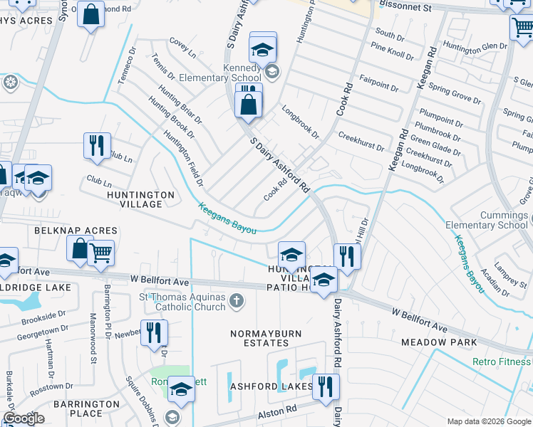 map of restaurants, bars, coffee shops, grocery stores, and more near 10567 Huntington Way Drive in Houston