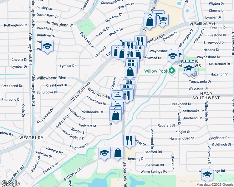 map of restaurants, bars, coffee shops, grocery stores, and more near 10800 South Post Oak Road in Houston