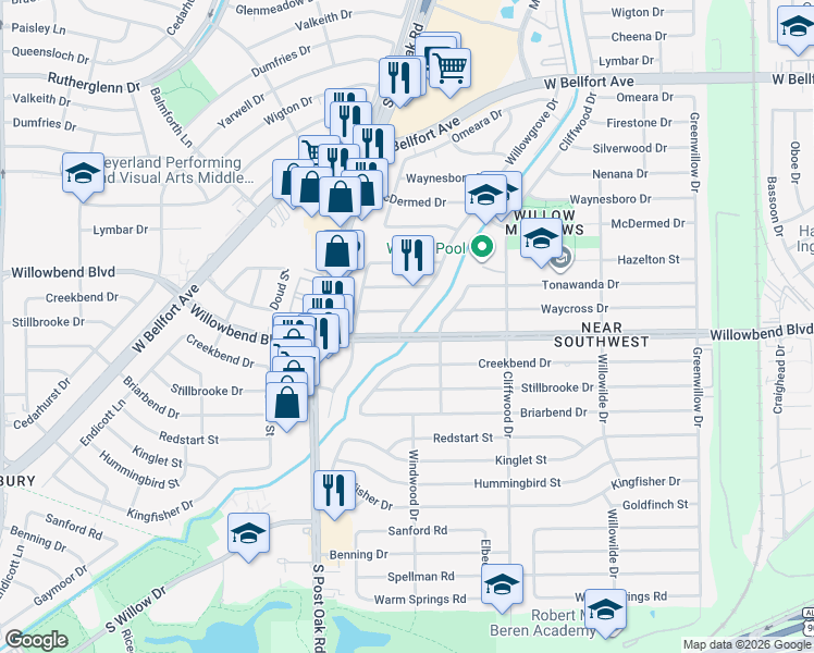 map of restaurants, bars, coffee shops, grocery stores, and more near 4813 Willowbend Boulevard in Houston
