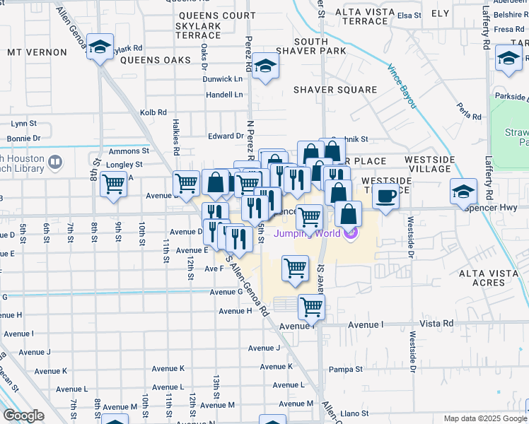 map of restaurants, bars, coffee shops, grocery stores, and more near 1671 Spencer Highway in South Houston