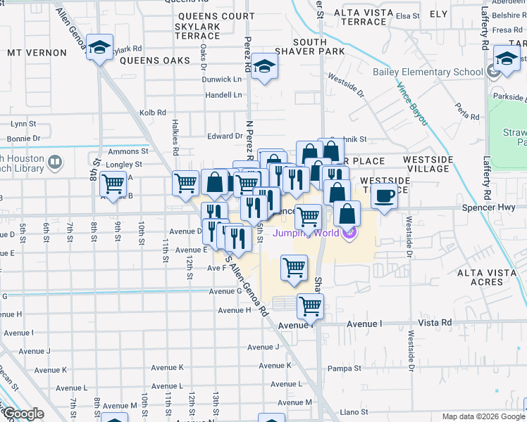 map of restaurants, bars, coffee shops, grocery stores, and more near 1671 Spencer Highway in South Houston