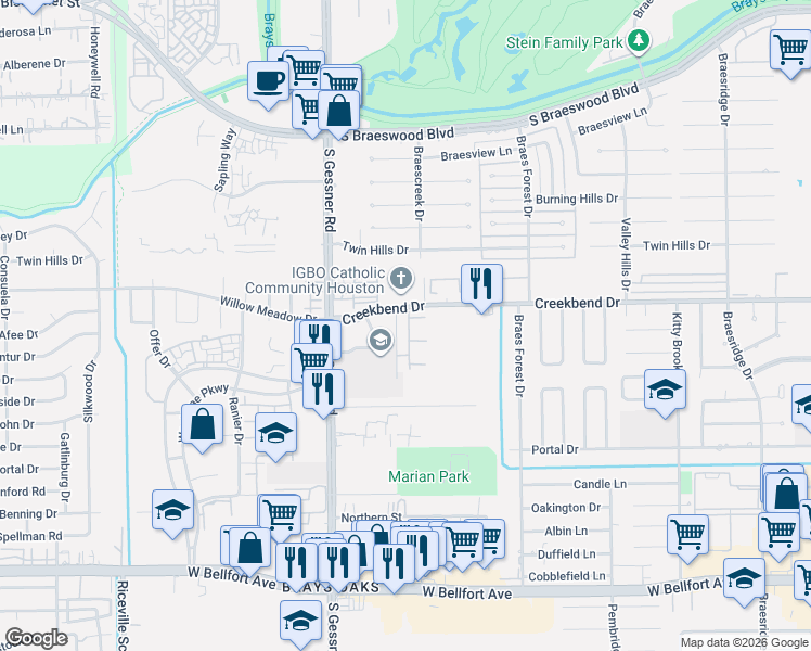 map of restaurants, bars, coffee shops, grocery stores, and more near 10739 Braes Bend Drive in Houston