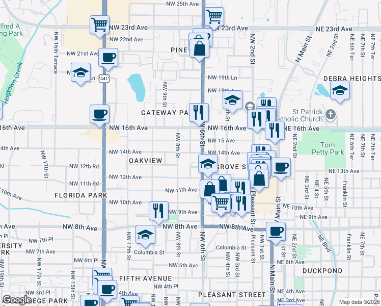 map of restaurants, bars, coffee shops, grocery stores, and more near 1399 Northwest 7th Street in Gainesville