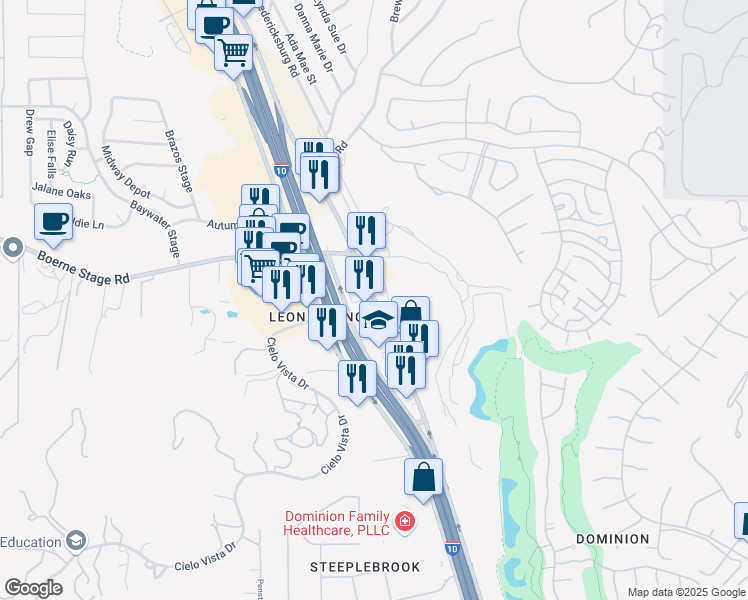 map of restaurants, bars, coffee shops, grocery stores, and more near 23966 West Interstate 10 Frontage Road in San Antonio
