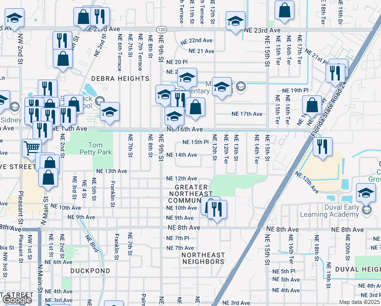 map of restaurants, bars, coffee shops, grocery stores, and more near 1037 Northeast 15th Place in Gainesville