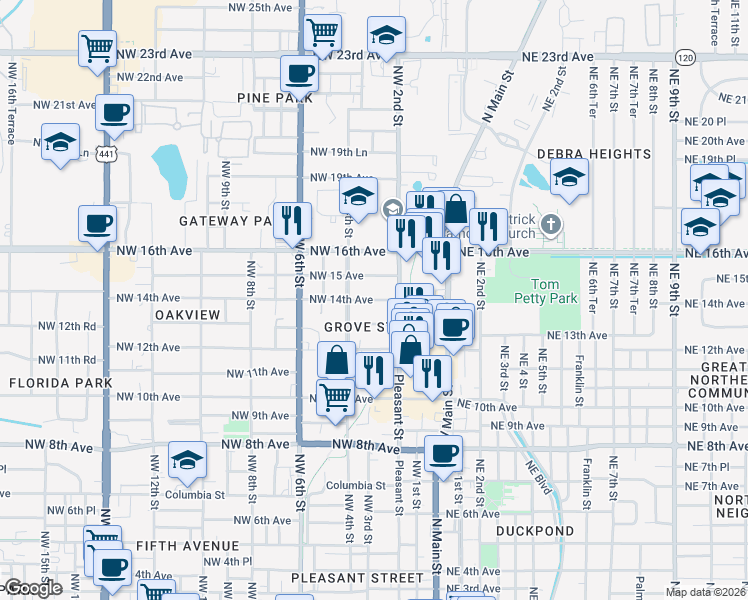 map of restaurants, bars, coffee shops, grocery stores, and more near 227 Northwest 15 Avenue in Gainesville