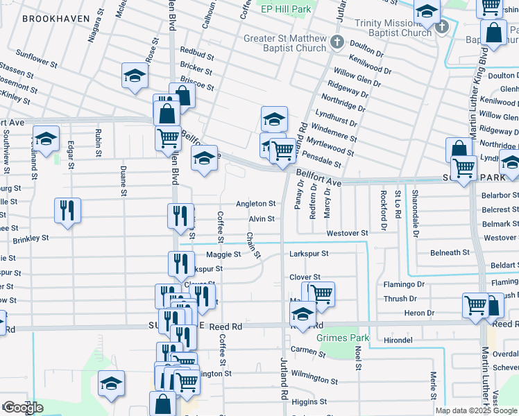 map of restaurants, bars, coffee shops, grocery stores, and more near 4909 Angleton Street in Houston