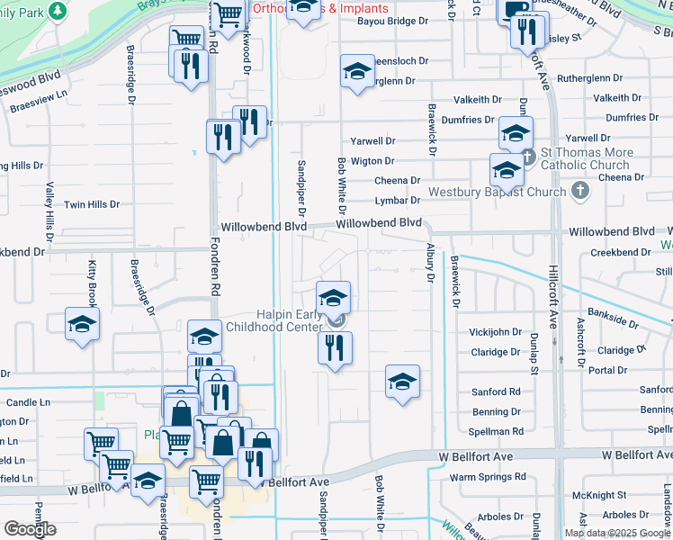 map of restaurants, bars, coffee shops, grocery stores, and more near 6303 Creekbend Drive in Houston