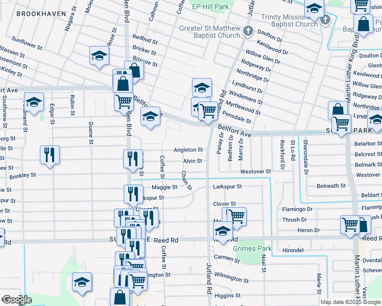 map of restaurants, bars, coffee shops, grocery stores, and more near 4914 Angleton Street in Houston