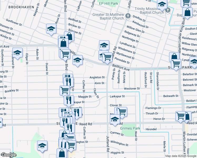 map of restaurants, bars, coffee shops, grocery stores, and more near 4909 Angleton Street in Houston