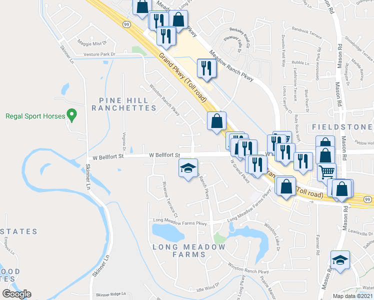 map of restaurants, bars, coffee shops, grocery stores, and more near 21107 Prairie Green Court in Richmond