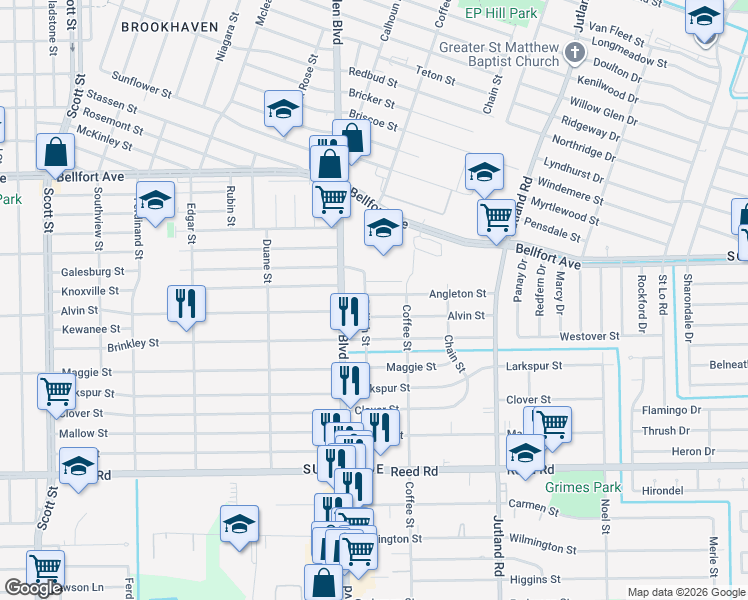 map of restaurants, bars, coffee shops, grocery stores, and more near 4745 Angleton Street in Houston
