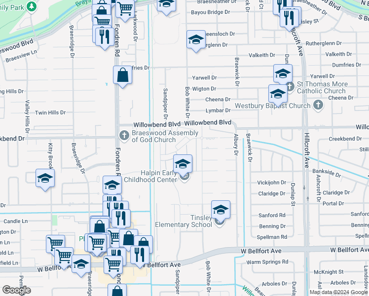 map of restaurants, bars, coffee shops, grocery stores, and more near 6461 Creekbend Drive in Houston