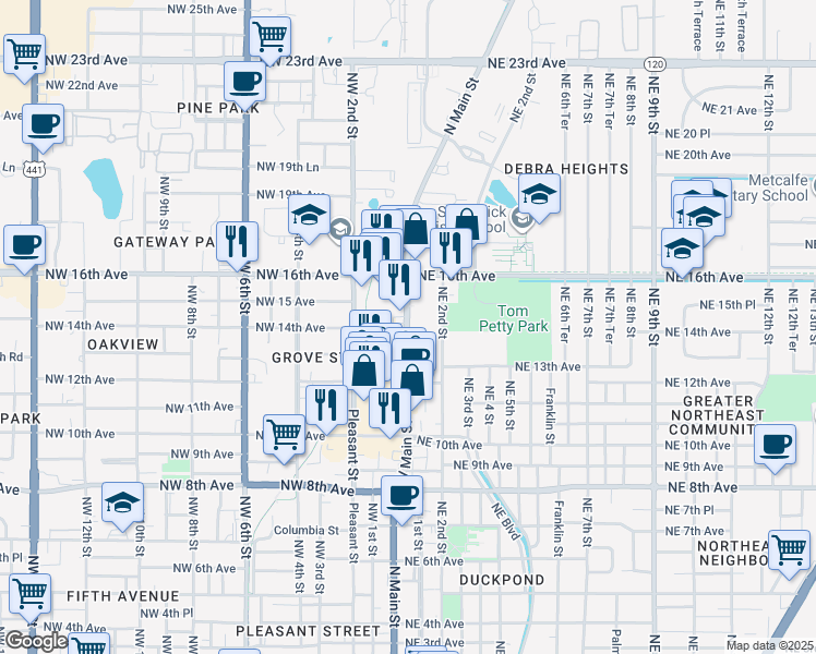 map of restaurants, bars, coffee shops, grocery stores, and more near in Gainesville