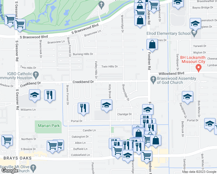map of restaurants, bars, coffee shops, grocery stores, and more near 7802 Hummingbird Street in Houston