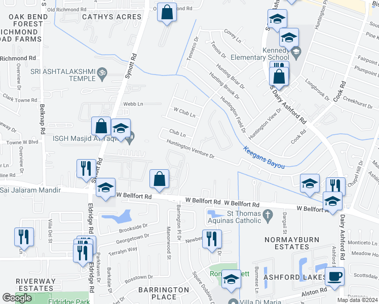 map of restaurants, bars, coffee shops, grocery stores, and more near 12639 Huntington Venture Drive in Houston