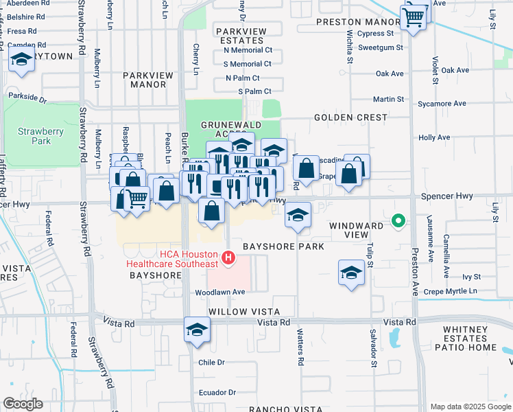 map of restaurants, bars, coffee shops, grocery stores, and more near 4021 Spencer Highway in Pasadena