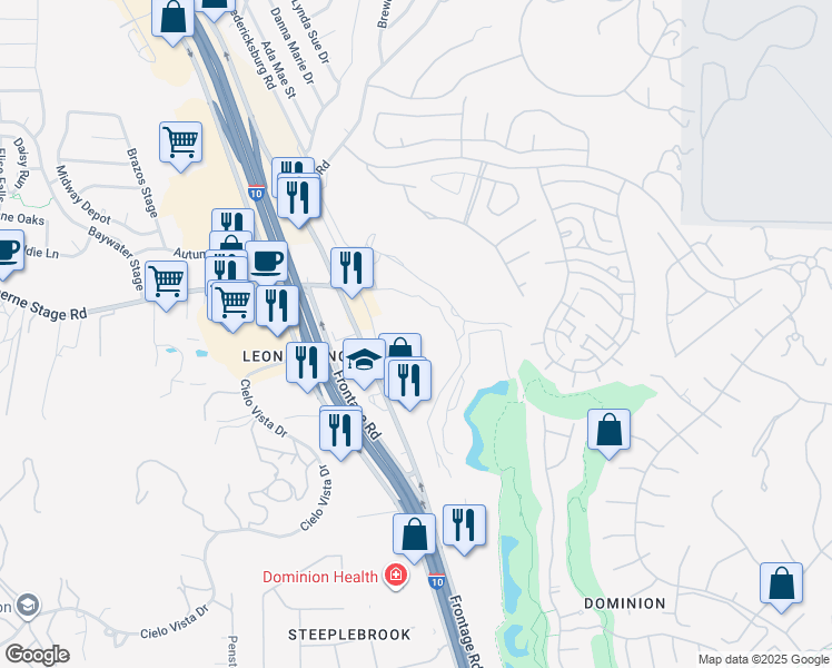 map of restaurants, bars, coffee shops, grocery stores, and more near 23910 West Interstate 10 in San Antonio