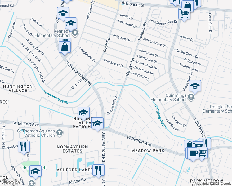map of restaurants, bars, coffee shops, grocery stores, and more near 12122 Huntington Venture Drive in Houston