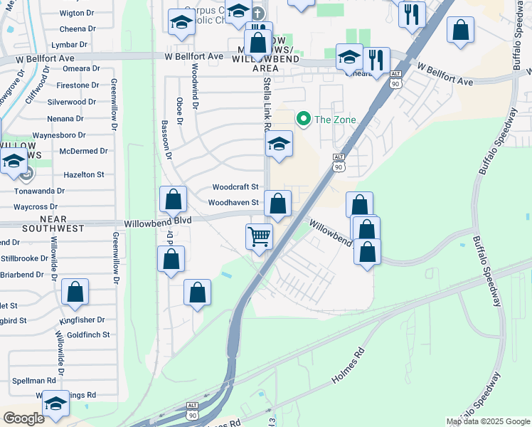 map of restaurants, bars, coffee shops, grocery stores, and more near Willowbend Boulevard & Stella Link Road in Houston