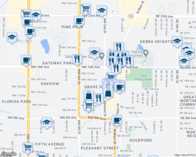 map of restaurants, bars, coffee shops, grocery stores, and more near 302 Northwest 14th Avenue in Gainesville