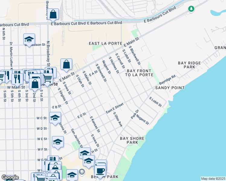map of restaurants, bars, coffee shops, grocery stores, and more near 328 South Nugent Street in La Porte