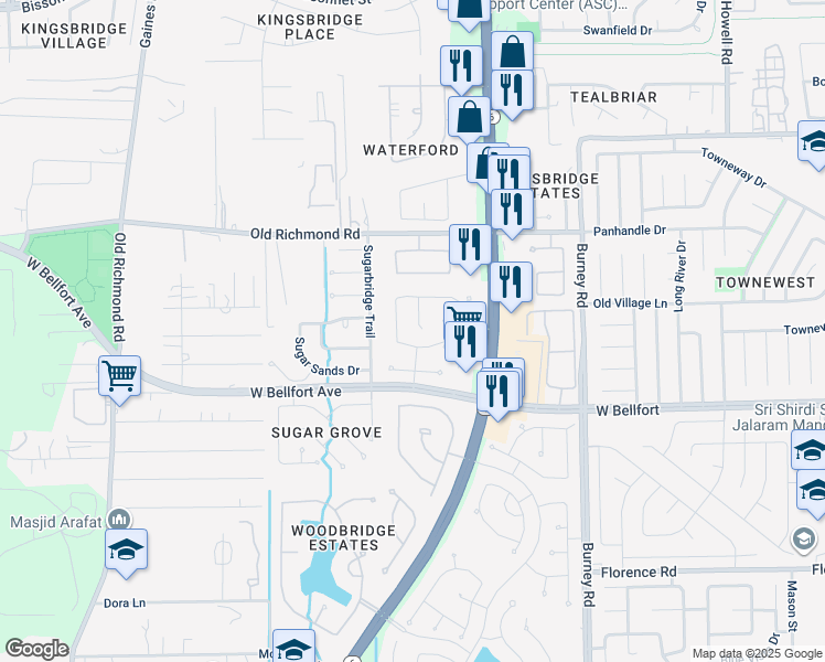 map of restaurants, bars, coffee shops, grocery stores, and more near 10315 Low Bridge Lane in Sugar Land