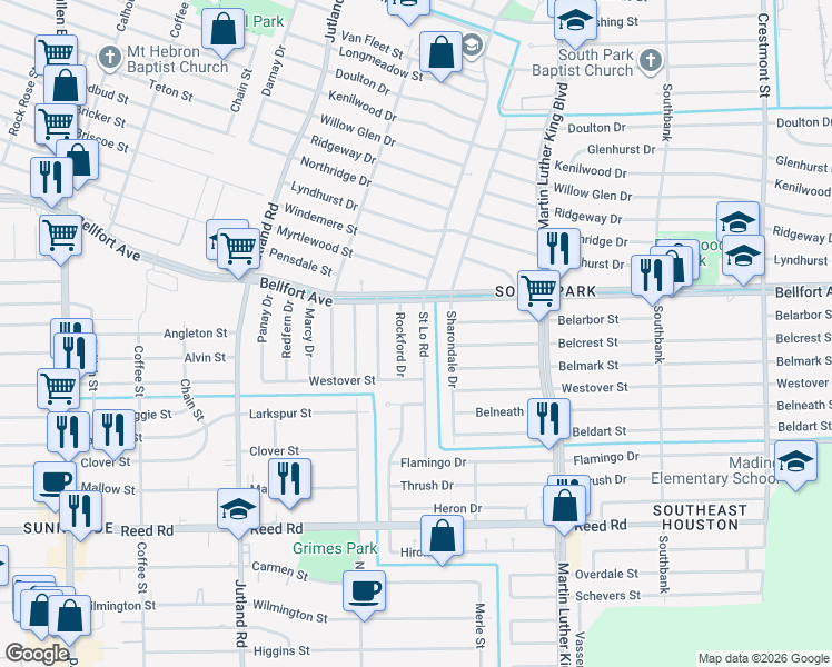 map of restaurants, bars, coffee shops, grocery stores, and more near 8115 Saint Lo Road in Houston