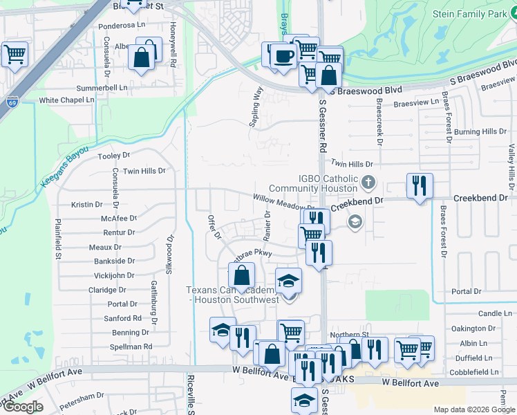 map of restaurants, bars, coffee shops, grocery stores, and more near 10603 Sapling Way in Houston