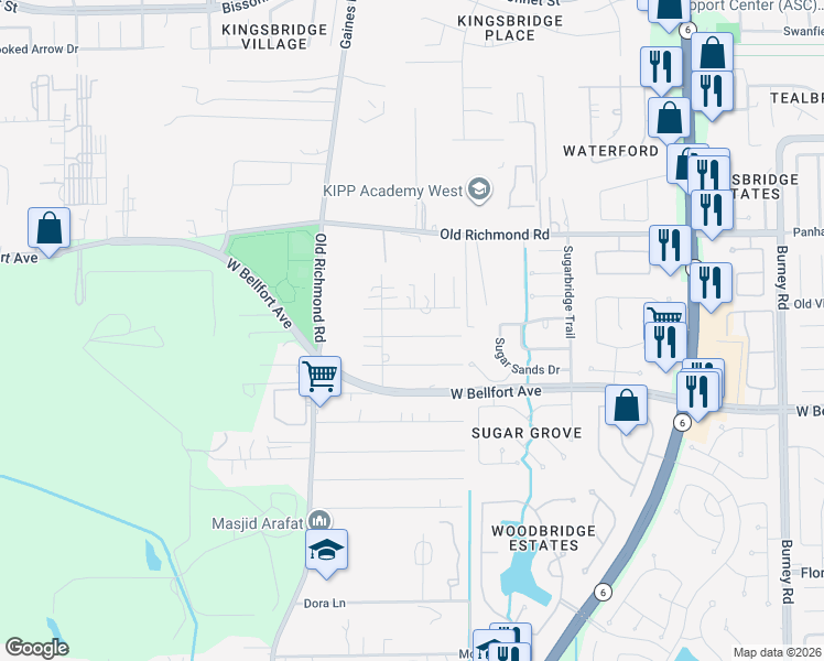 map of restaurants, bars, coffee shops, grocery stores, and more near 15119 Aurora Street in Sugar Land
