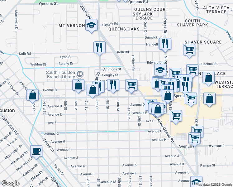 map of restaurants, bars, coffee shops, grocery stores, and more near 1006 Avenue B in South Houston