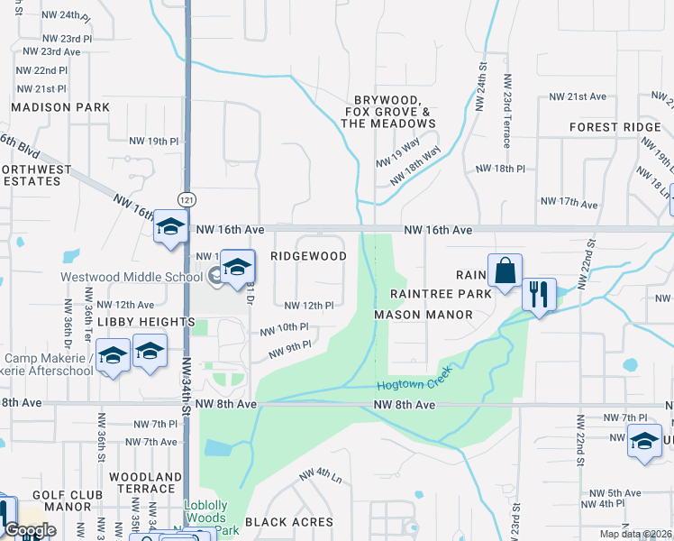 map of restaurants, bars, coffee shops, grocery stores, and more near 1420 Northwest 28 Street in Gainesville