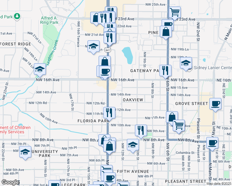 map of restaurants, bars, coffee shops, grocery stores, and more near 1224 Northwest 14th Avenue in Gainesville