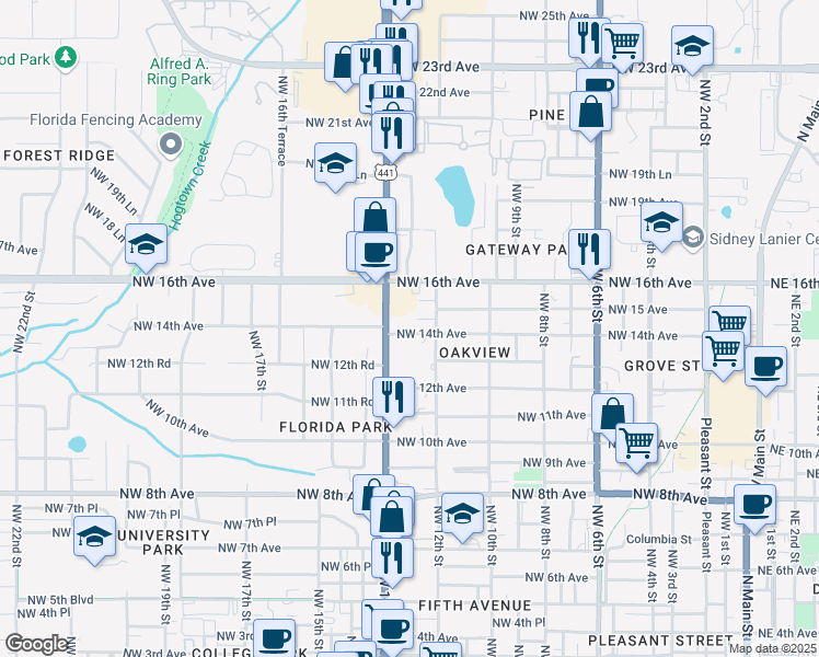 map of restaurants, bars, coffee shops, grocery stores, and more near 1236 Northwest 14th Avenue in Gainesville