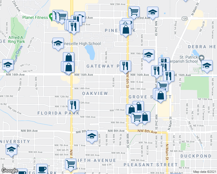 map of restaurants, bars, coffee shops, grocery stores, and more near 816 Northwest 14th Avenue in Gainesville