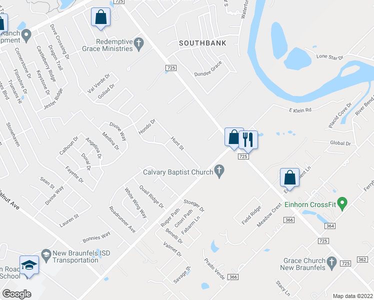 map of restaurants, bars, coffee shops, grocery stores, and more near 2647 Hunt Street in New Braunfels