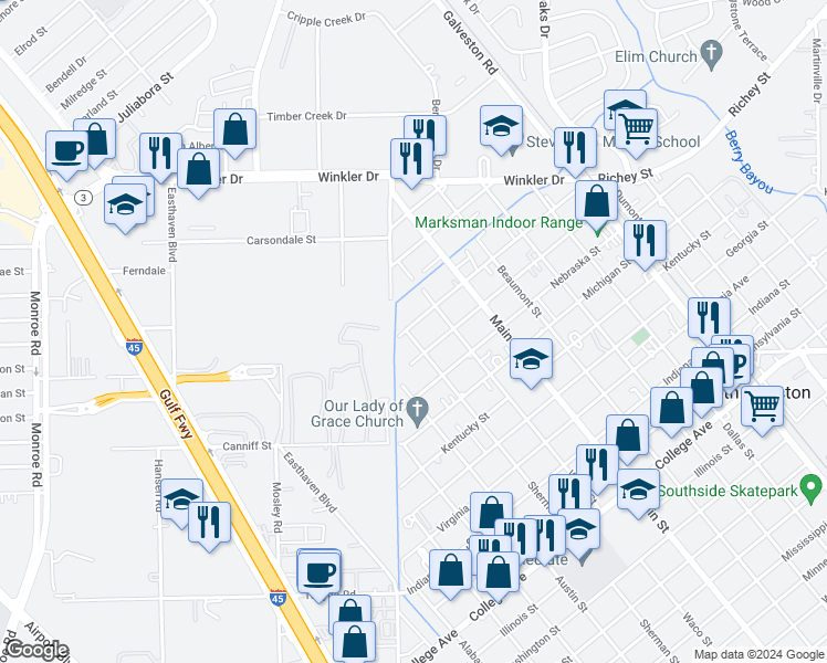 map of restaurants, bars, coffee shops, grocery stores, and more near 519 Sherman Street in South Houston