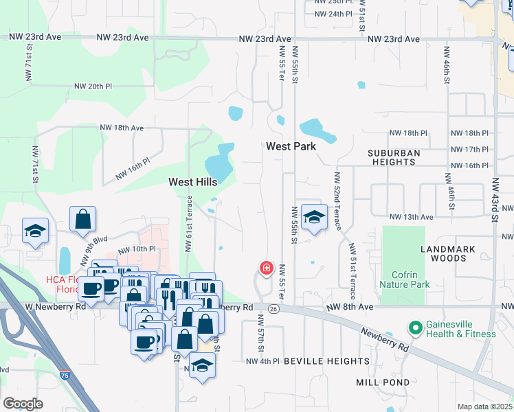 map of restaurants, bars, coffee shops, grocery stores, and more near 1416 Northwest 57 Street in Gainesville