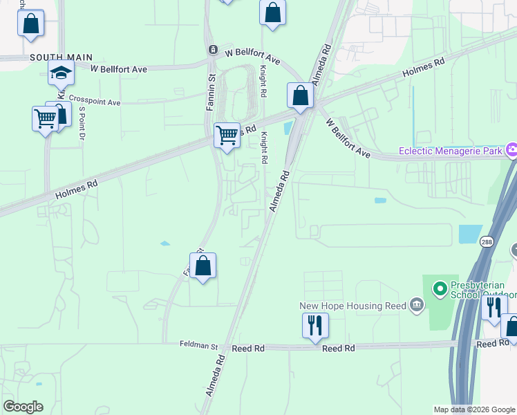 map of restaurants, bars, coffee shops, grocery stores, and more near 9668 Knight Road in Houston