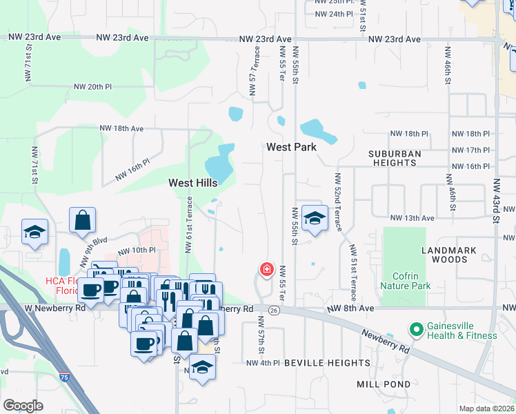 map of restaurants, bars, coffee shops, grocery stores, and more near 1326 Northwest 57 Street in Gainesville