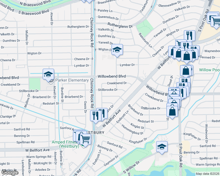 map of restaurants, bars, coffee shops, grocery stores, and more near 5303 Creekbend Drive in Houston