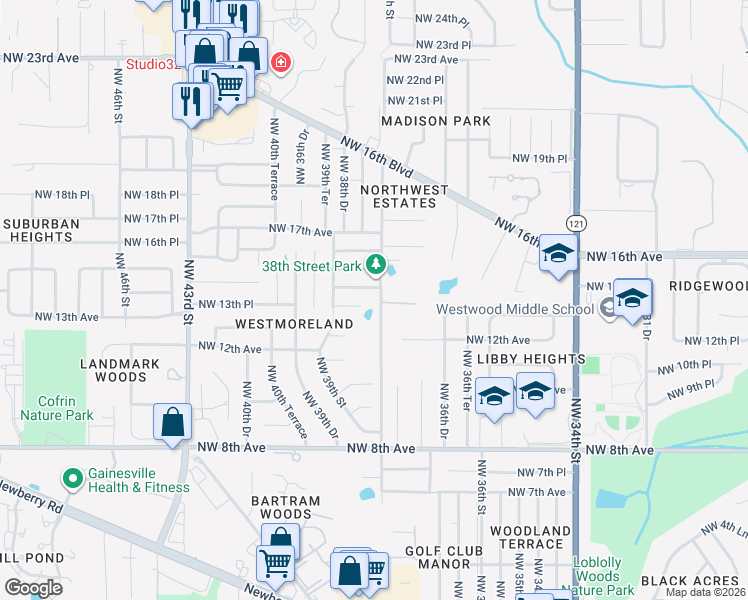 map of restaurants, bars, coffee shops, grocery stores, and more near 1330 Northwest 38th Street in Gainesville